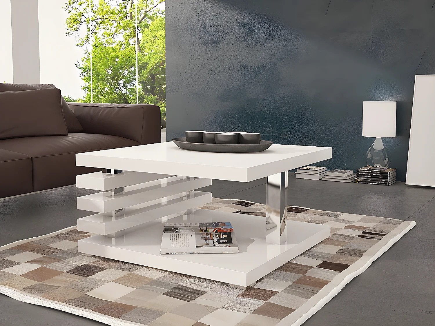 Mesa de café Goodyear 122, Blanco brillante, 31x60x60cm, Aglomerado laminado, Angular