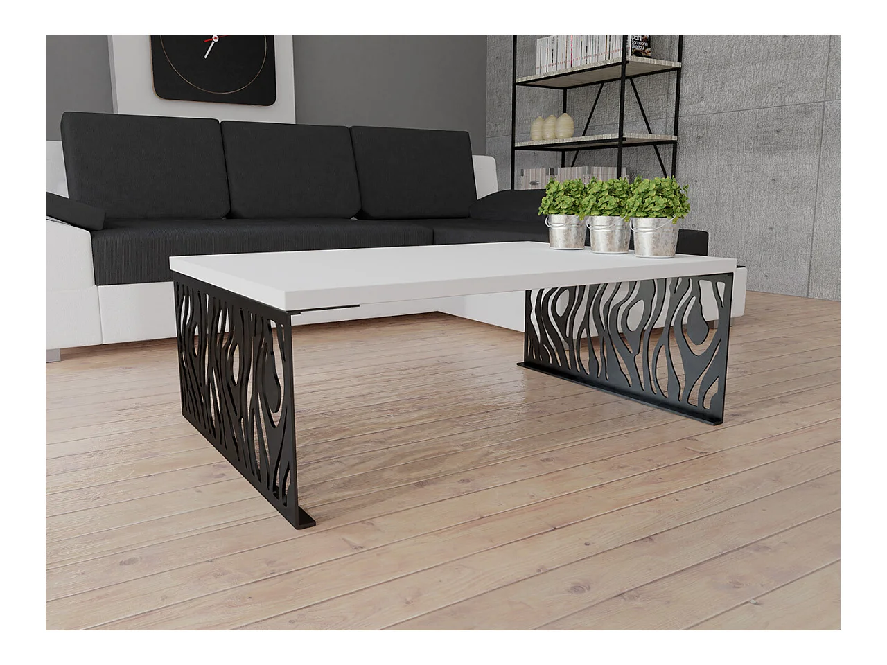 Table basse Germantown 108, Blanc brillant|Noir mat, 45x70x100cm, Stratifié, Angulaire