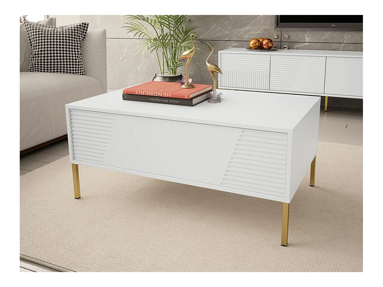 Table basse Verteni 104, Blanc, 46x60x100cm, Stratifié, Angulaire