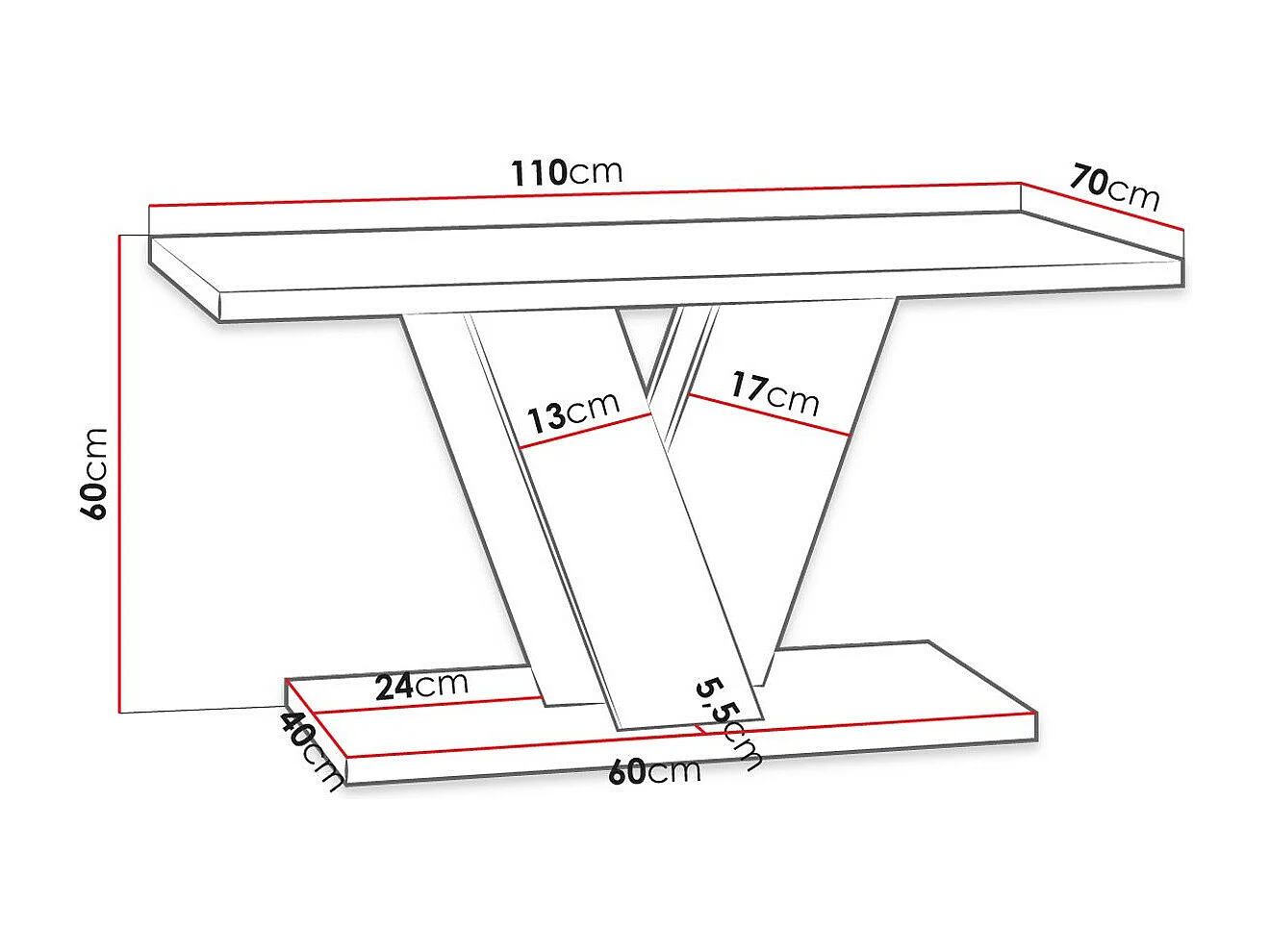 Table basse Goodyear 128, Béton|Noir brillant, 60x70x110cm, Stratifié, Angulaire