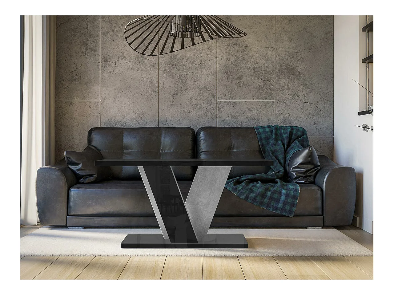 Tavolino da caffè Goodyear 128, Nero lucido|Calcestruzzo, 60x70x110cm, Angolare