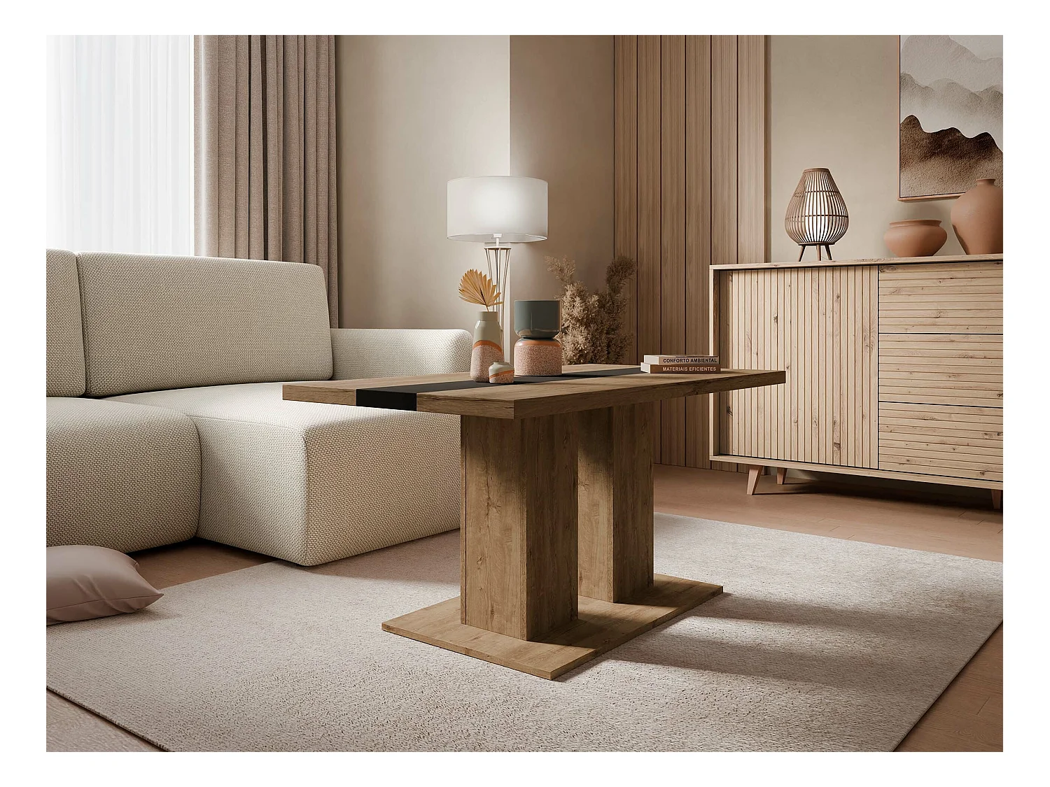 Table basse Tucson 147, Noir|Chêne de Lefkas, 53x60x110cm, Stratifié, Angulaire