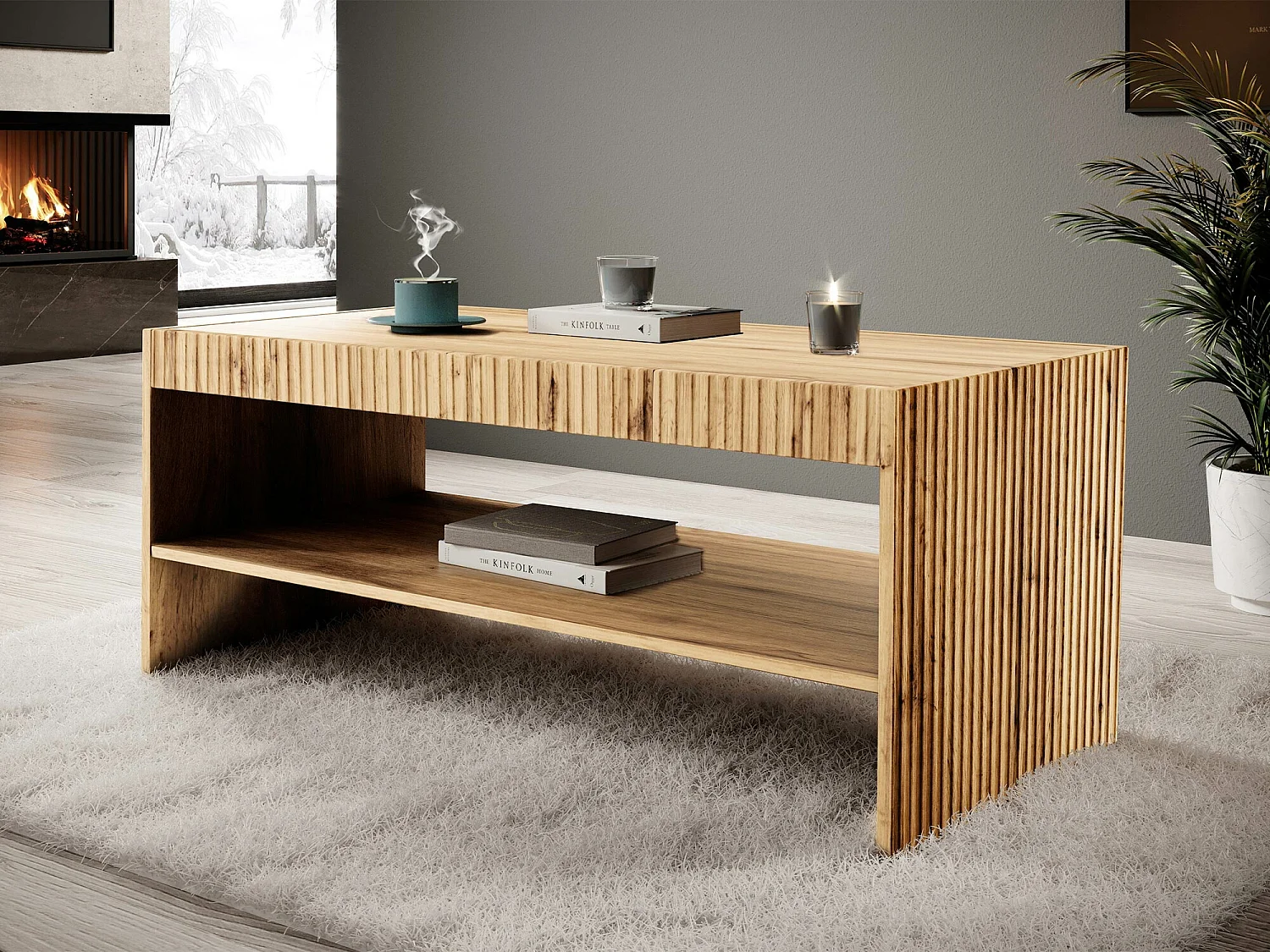 Table basse Comes, Chêne wotan, 51x57x120cm, Stratifié, Angulaire