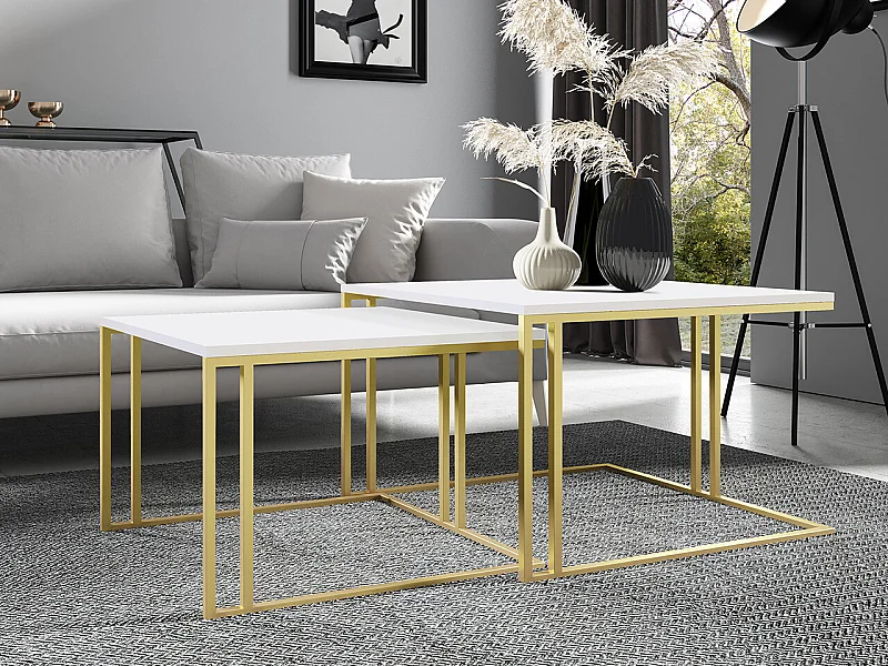 Ensemble tables basses Oswego 110, Doré|Blanc, 50x76x76cm, Stratifié, Angulaire