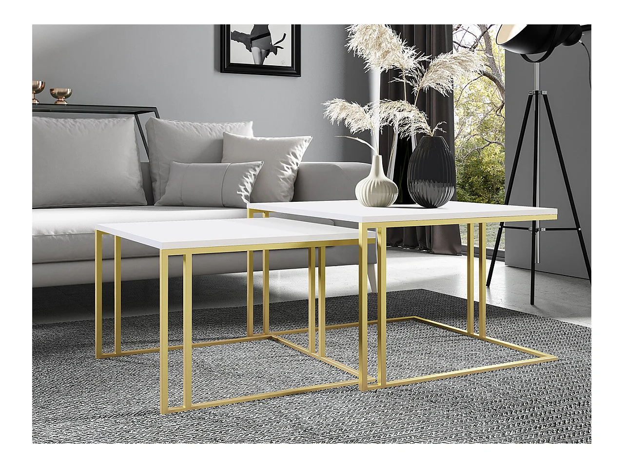 Ensemble tables basses Oswego 110, Blanc|Doré, 50x76x76cm, Stratifié, Angulaire