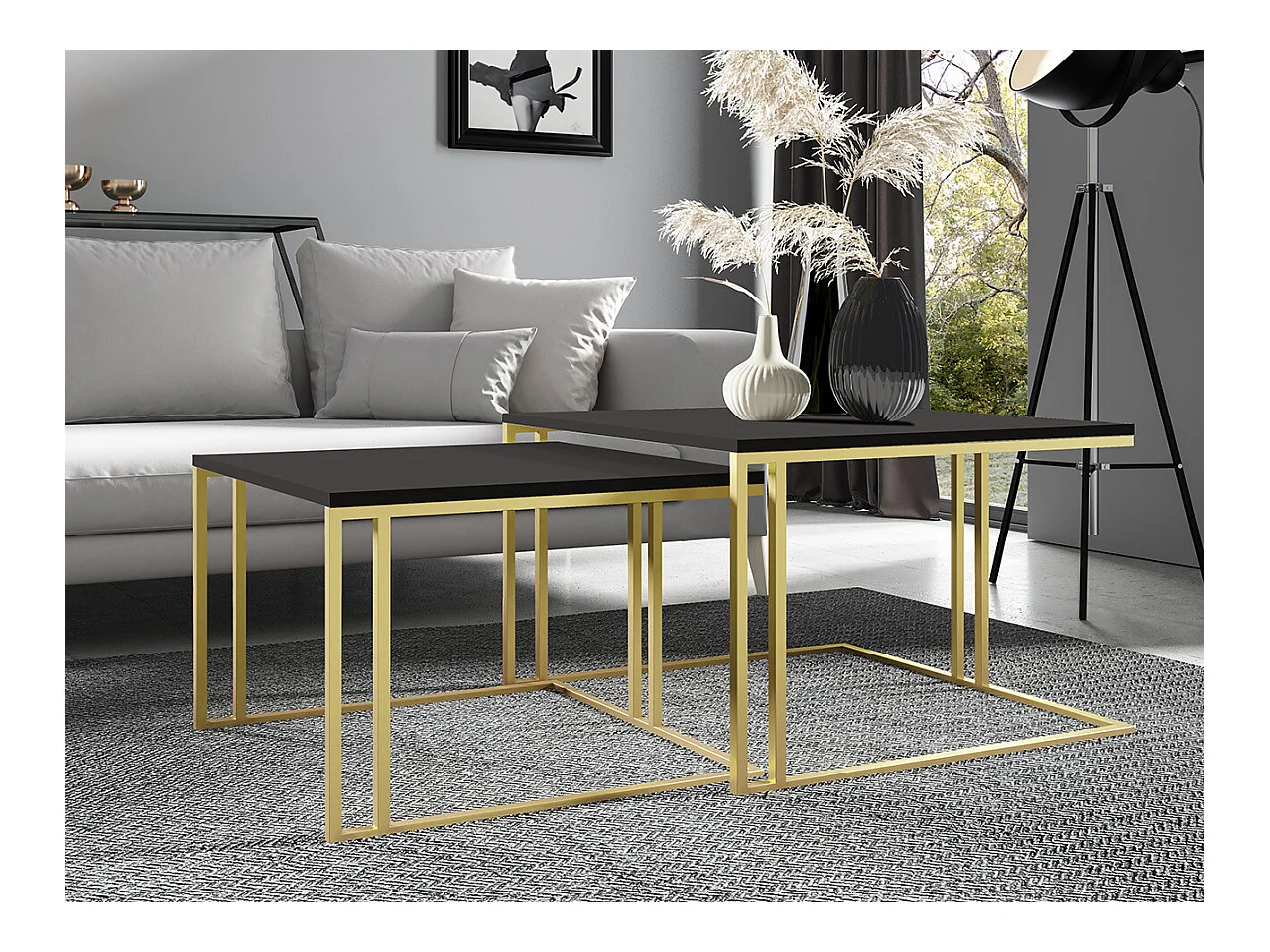 Conjunto mesa de centro Oswego 110, Dorado|Negro, 50x76x76cm, Aglomerado laminado