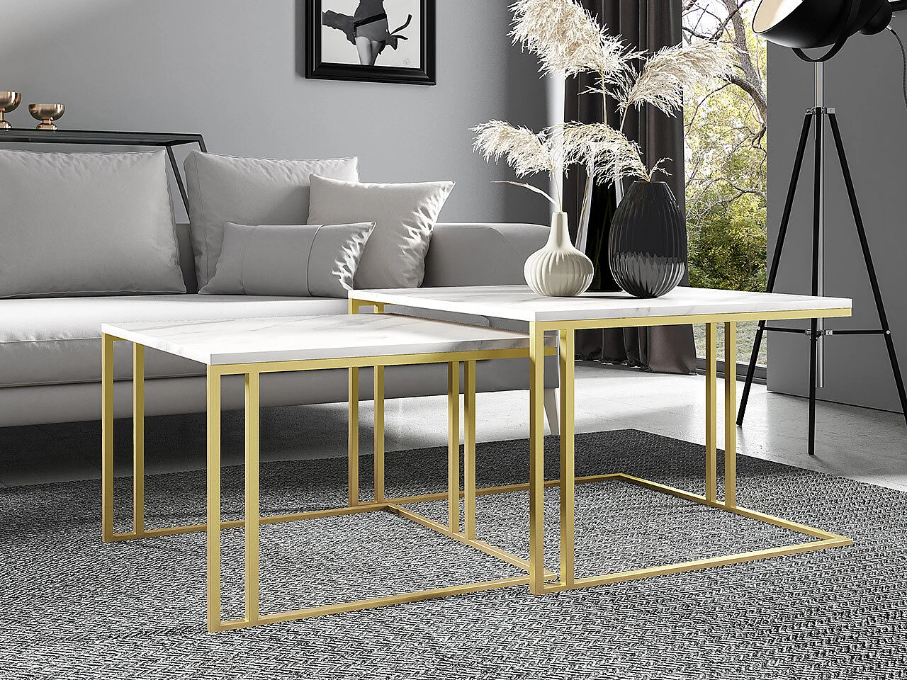 Ensemble tables basses Oswego 110, Doré|Marbre blanc, 50x76x76cm, Stratifié, Angulaire