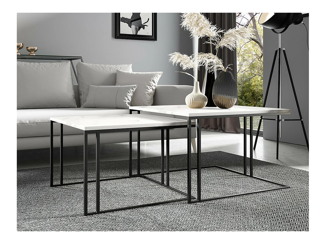 Ensemble tables basses Oswego 110, Noir|Marbre blanc, 50x76x76cm, Stratifié, Angulaire