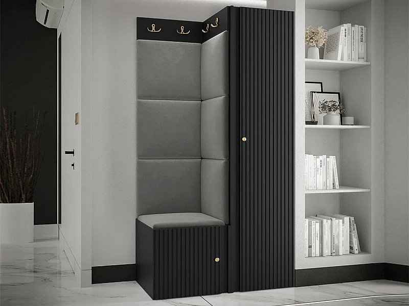 Meuble d'entrée Hartford 390, 186x82x46cm, Noir|Gris, Stratifié|Tissu|MDF, À poser|Murale