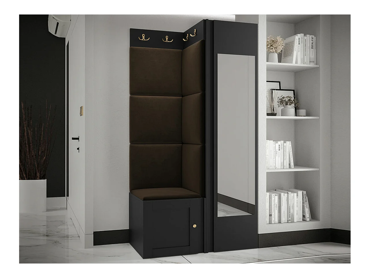Conjunto pasillo Hartford 382, 186x82x46cm, Espejo, Marrón|Negro