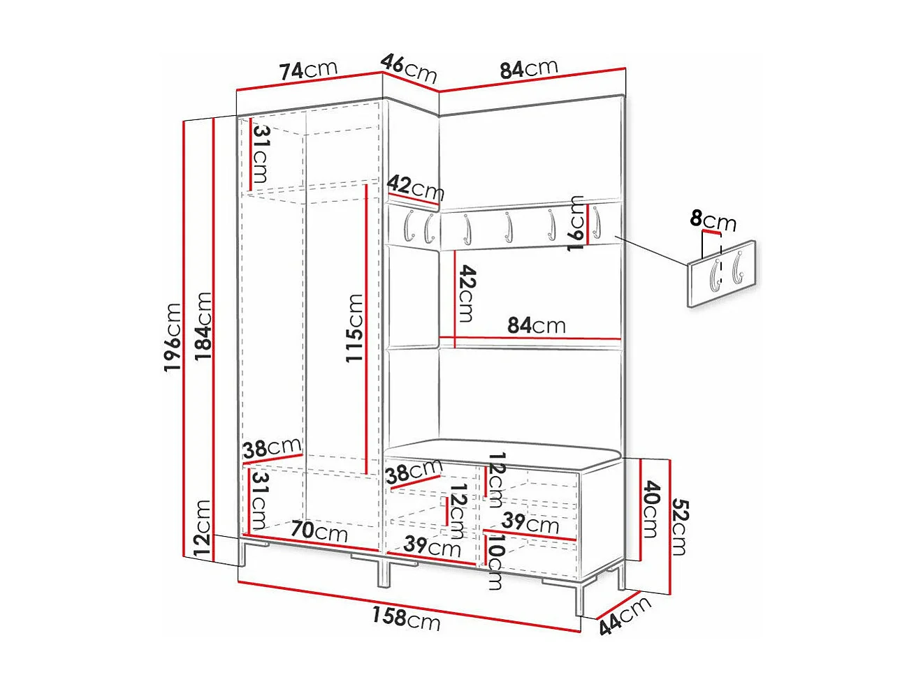 Meuble d'entrée Tivsoa 100, 196x158x44cm, Blanc, Tissu|Stratifié, Murale|À poser