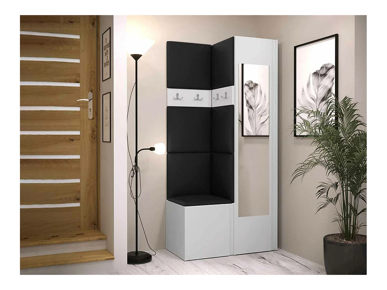 Meuble d'entrée Hartford 354, 186x82x44cm, Miroir, Blanc, Stratifié|Faux cuir