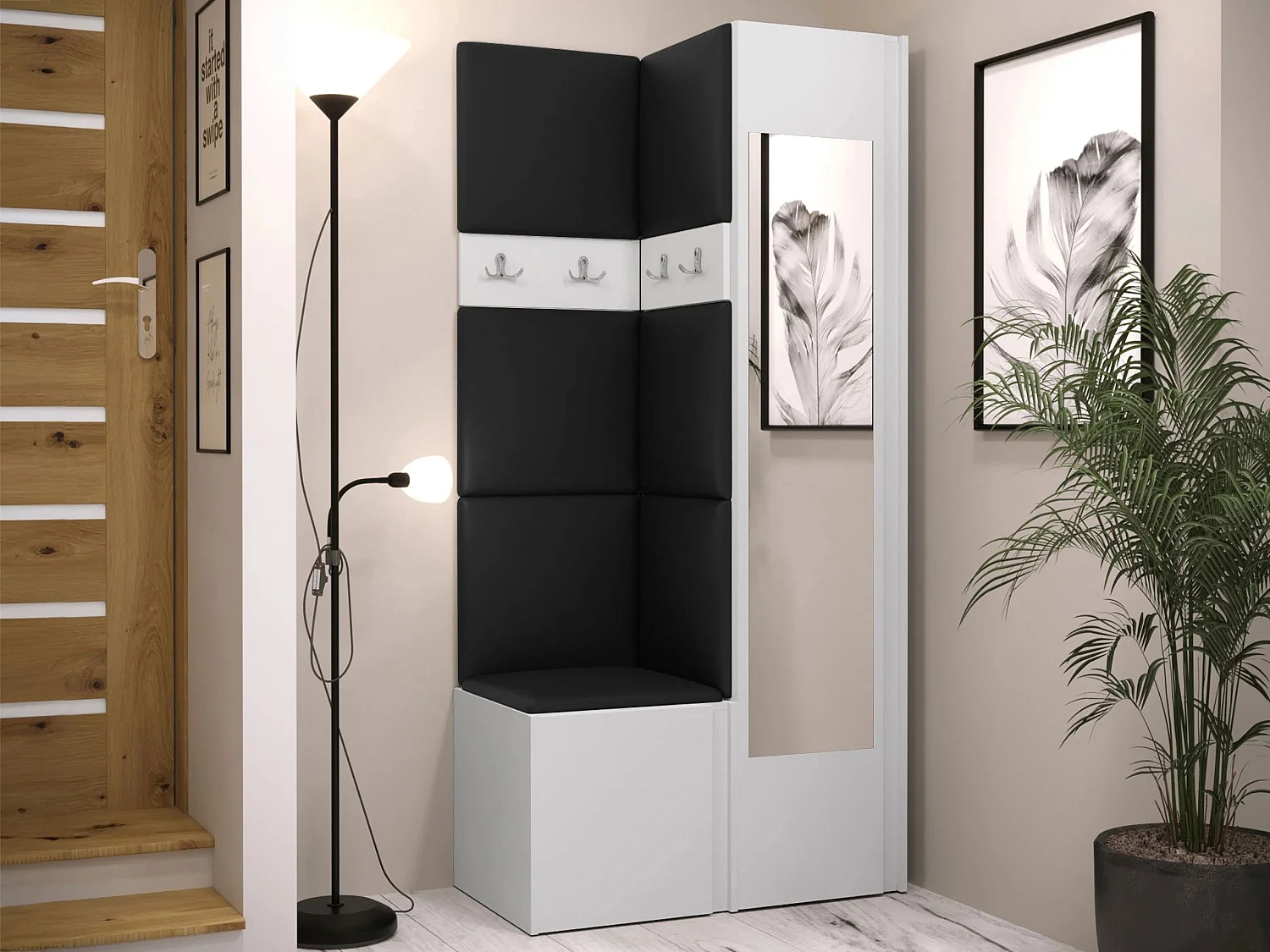 Conjunto pasillo Hartford 354, 186x82x44cm, Espejo, Blanco, Colocada|Montada en la pared