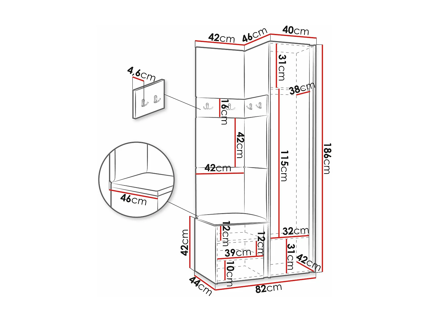 Conjunto pasillo Hartford 354, 186x82x44cm, Espejo, Blanco, Colocada|Montada en la pared