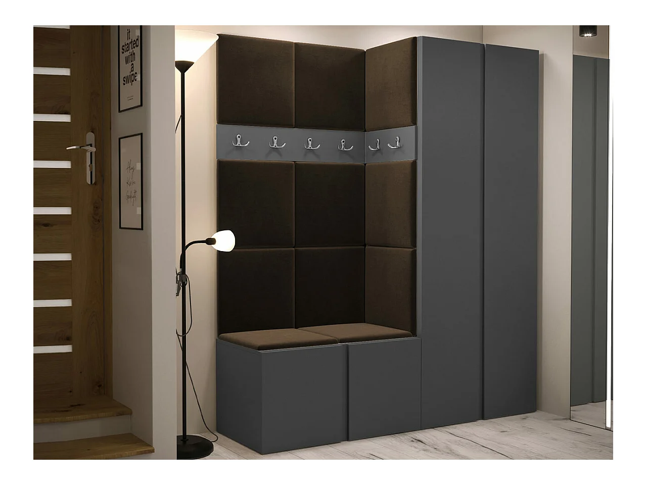 Meuble d'entrée Hartford 266, 186x158x46cm, Marron|Graphite, Stratifié|Tapisserie