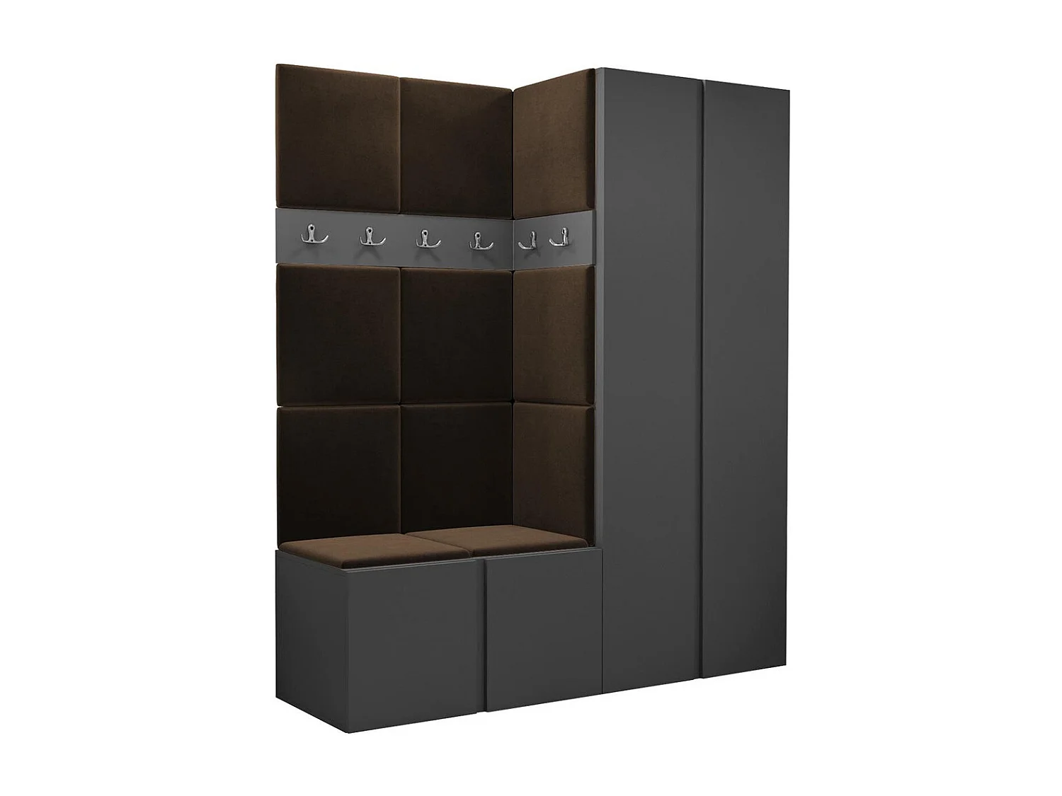 Meuble d'entrée Hartford 266, 186x158x46cm, Graphite|Marron, Tissu|Stratifié