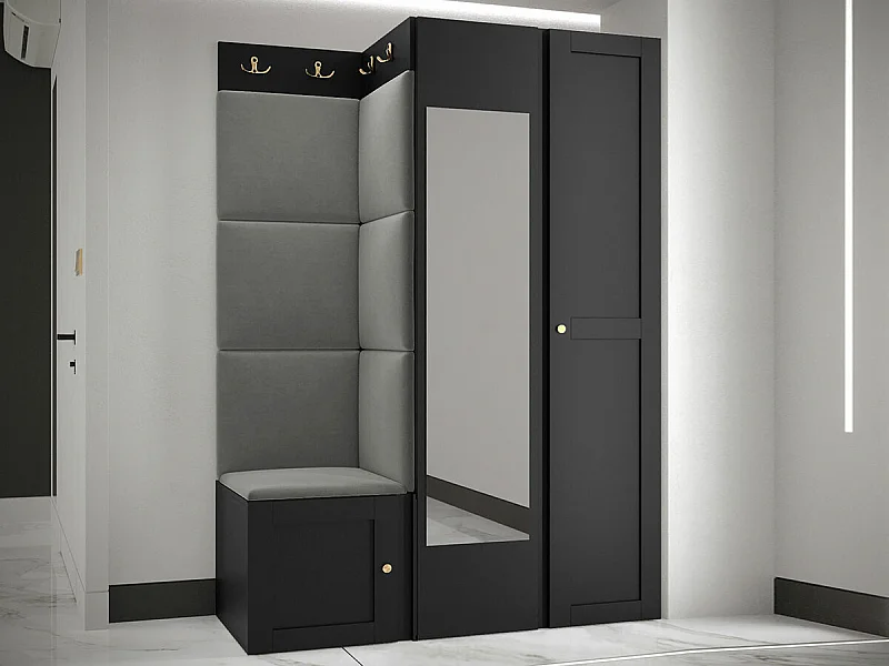 Meuble d'entrée Hartford 380, 186x116x46cm, Disponible, Gris|Noir, Stratifié|Tissu|MDF