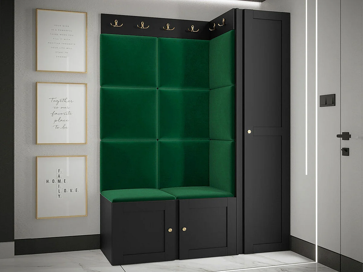 Conjunto pasillo Hartford 377, 186x124x46cm, Negro|Verde, MDF|Aglomerado laminado|Tapiz