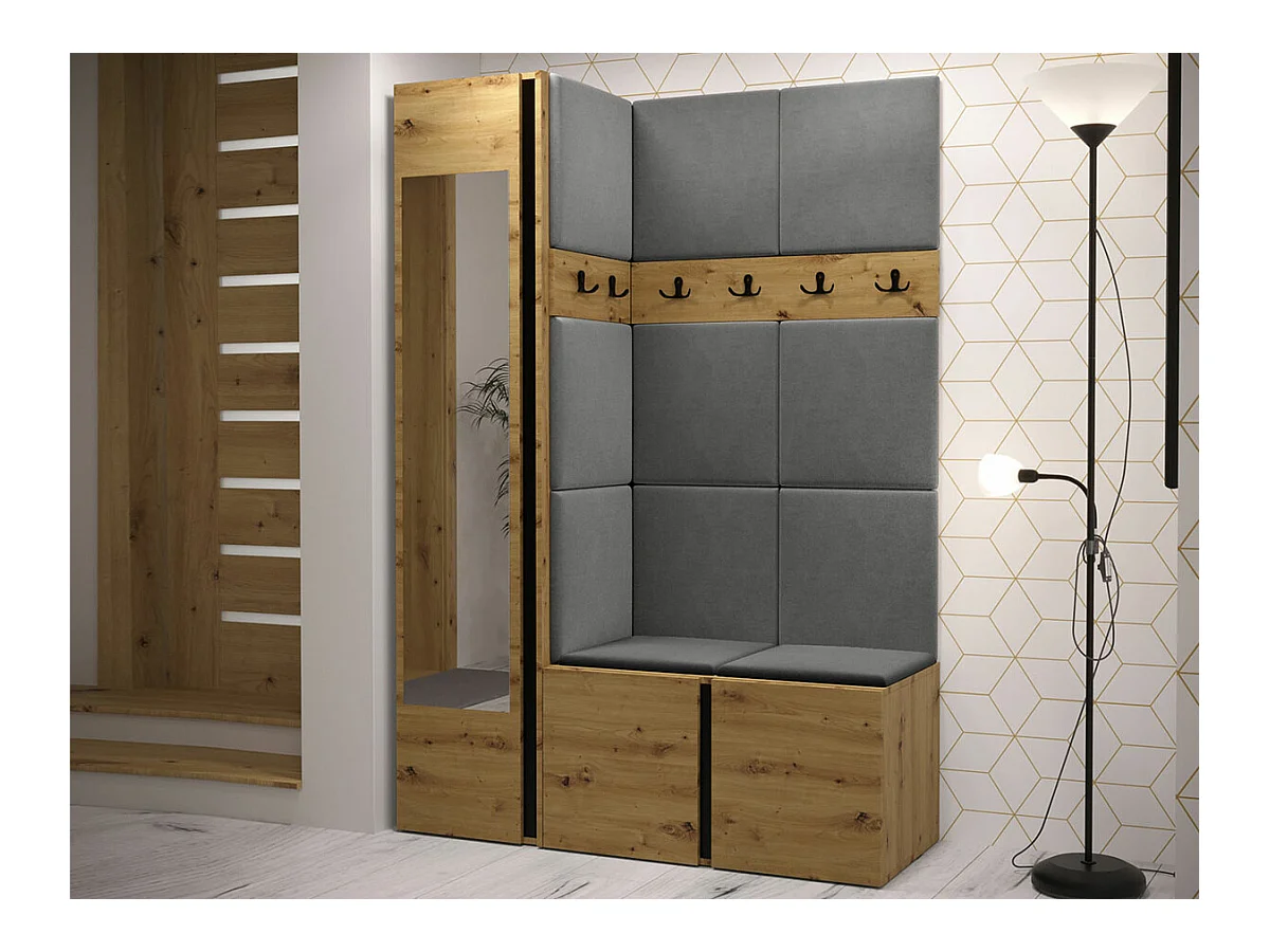 Meuble d'entrée Hartford 277, 186x124x46cm, Miroir, Chêne Artisan, Stratifié|Tapisserie