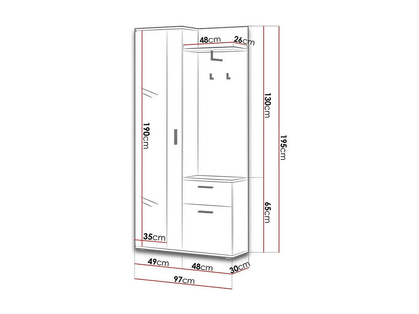 Meuble d'entrée Stanton 103, 195x97x30cm, Miroir, Truffe|Blanc, Stratifié, À poser