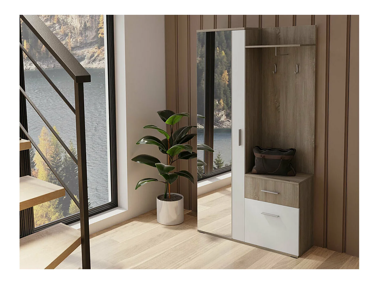 Meuble d'entrée Stanton 103, 195x97x30cm, Miroir, Truffe|Blanc, Stratifié, À poser