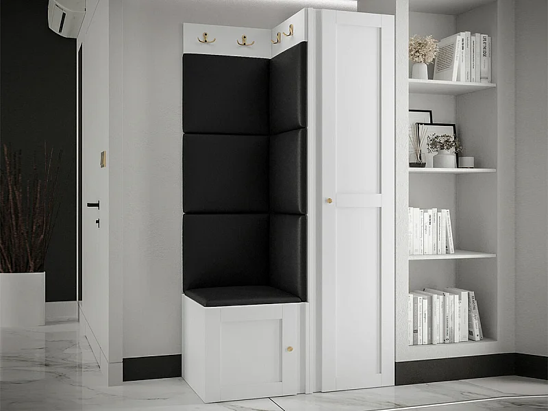 Meuble d'entrée Hartford 381, 186x82x46cm, Blanc|Noir, MDF|Stratifié|Faux cuir