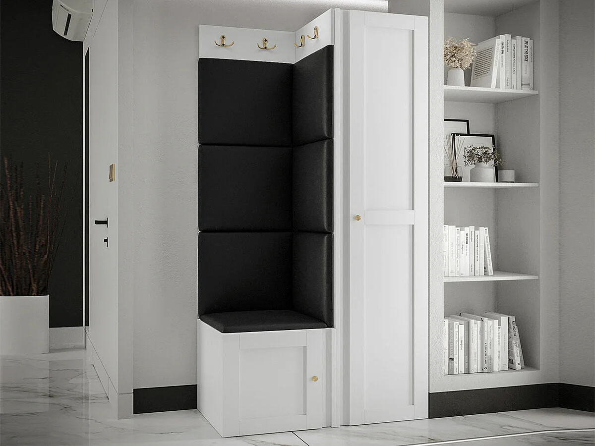 Meuble d'entrée Hartford 381, 186x82x46cm, Noir|Blanc, Stratifié|Faux cuir|MDF