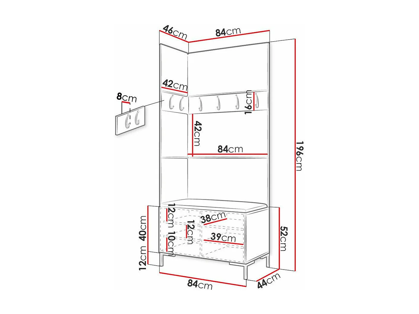 Meuble d'entrée Tivsoa 103, 196x84x46cm, Noir, Stratifié|Tissu, À poser|Murale