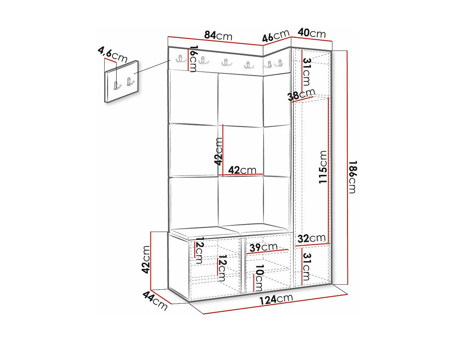 Conjunto pasillo Hartford 385, 186x124x46cm, Negro, MDF|Aglomerado laminado|Tapiz