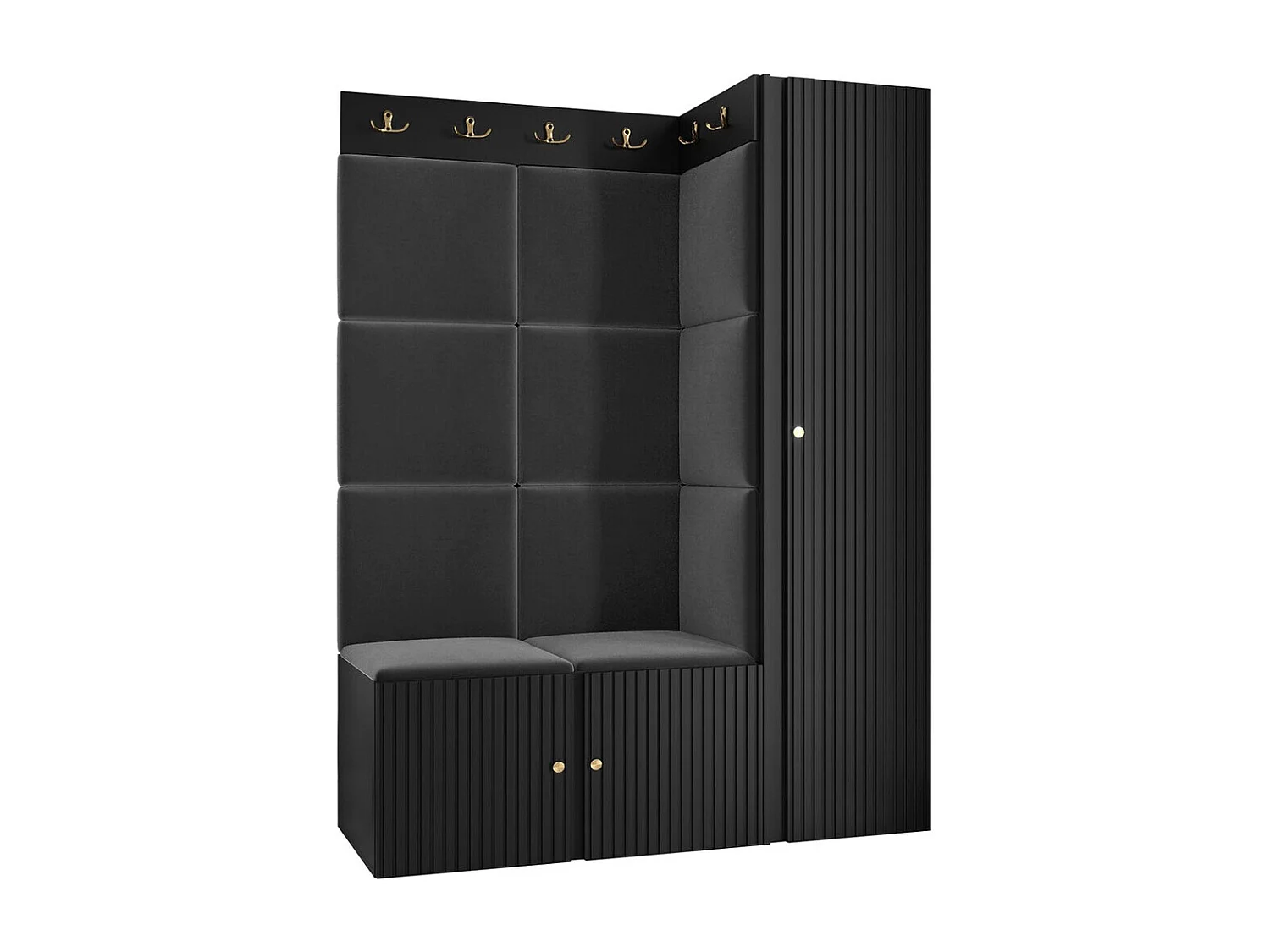 Meuble d'entrée Hartford 385, 186x124x46cm, Noir, Stratifié|Tissu|MDF, Murale|À poser