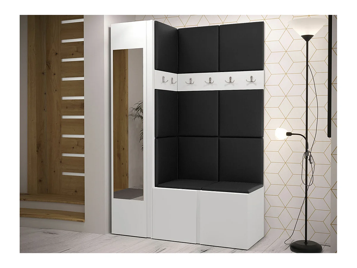 Meuble d'entrée Hartford 277, 186x124x46cm, Miroir, Blanc, Stratifié|Faux cuir