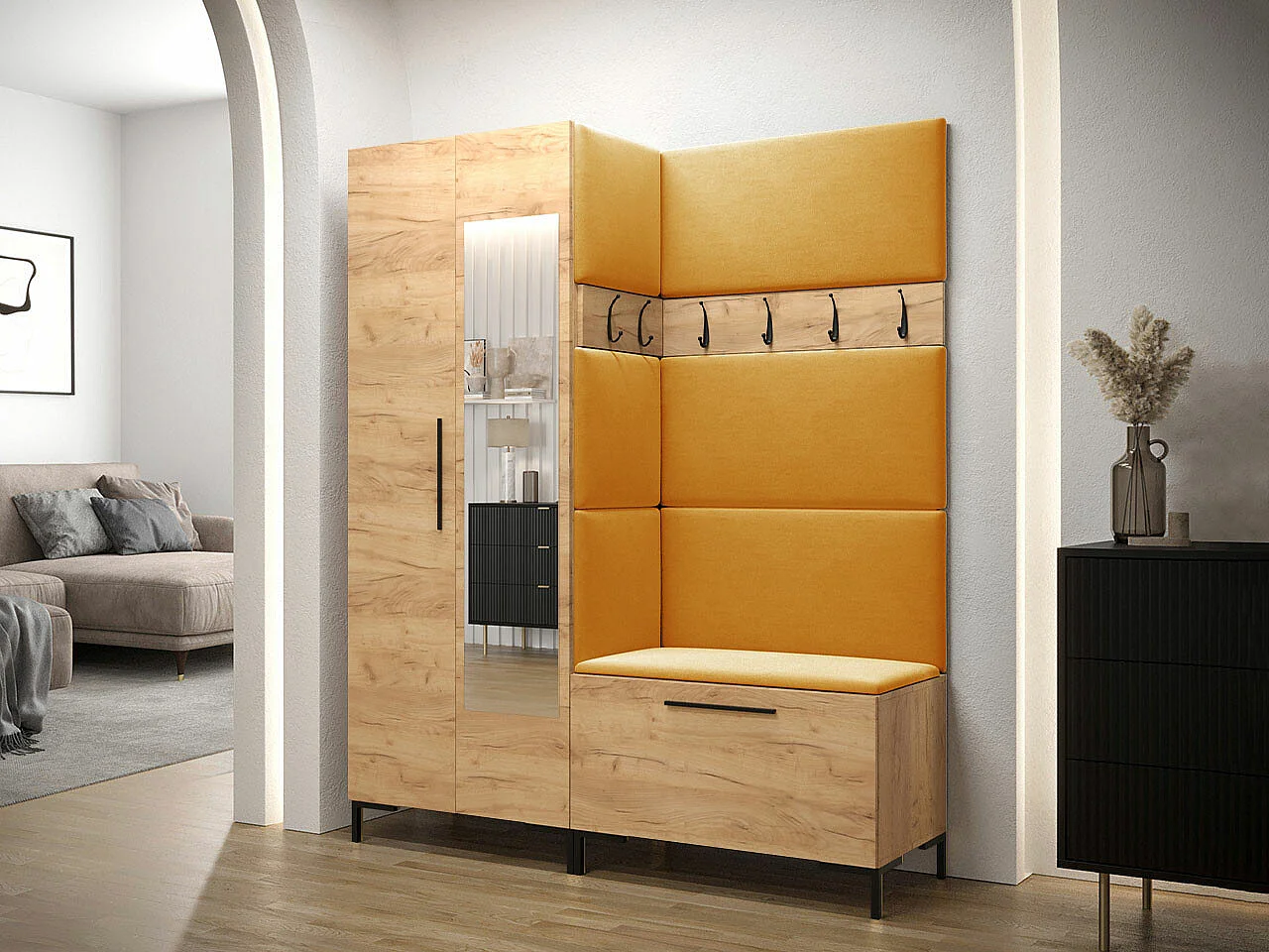 Conjunto pasillo Hartford F107, 196x158x46cm, Espejo, Craft roble