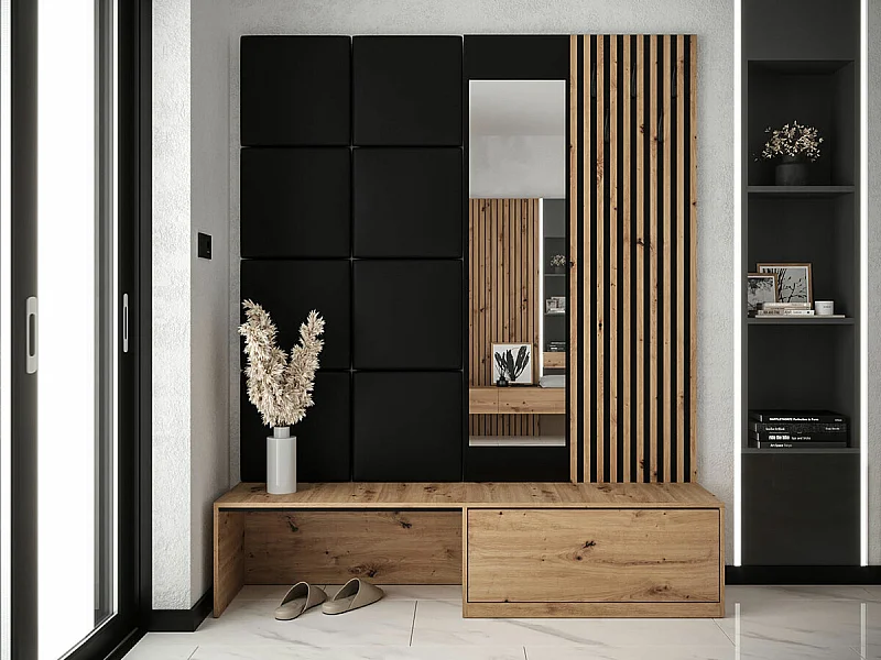 Set mobili da ingresso Hartford 322, 205x172x42cm, Specchio, Rovere Artisan|Nero