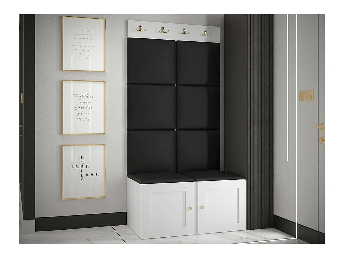 Meuble d'entrée Hartford 375, 186x84x46cm, Noir|Blanc, Stratifié|Faux cuir|MDF