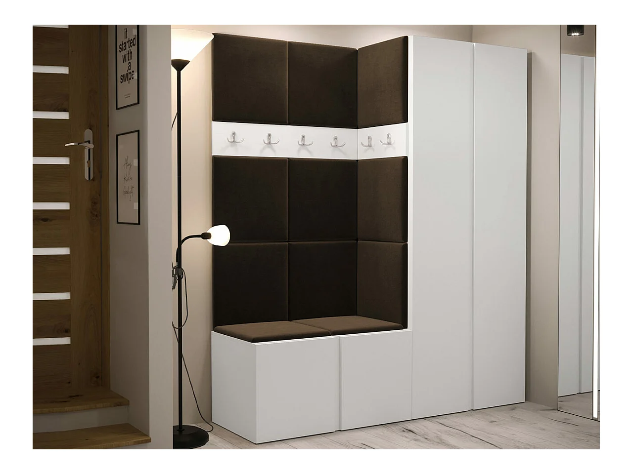 Meuble d'entrée Hartford 266, 186x158x46cm, Blanc|Marron, Stratifié|Tapisserie