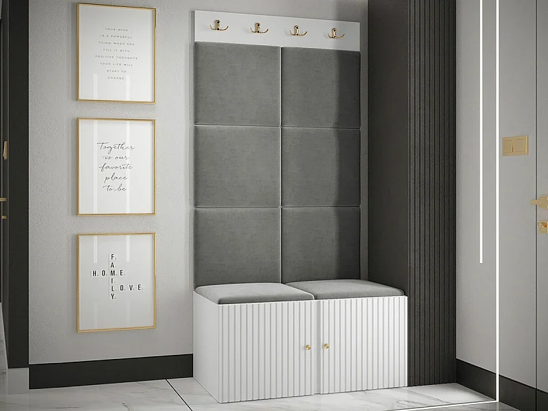 Meuble d'entrée Hartford 383, 186x84x46cm, Gris|Blanc, MDF|Stratifié|Tissu