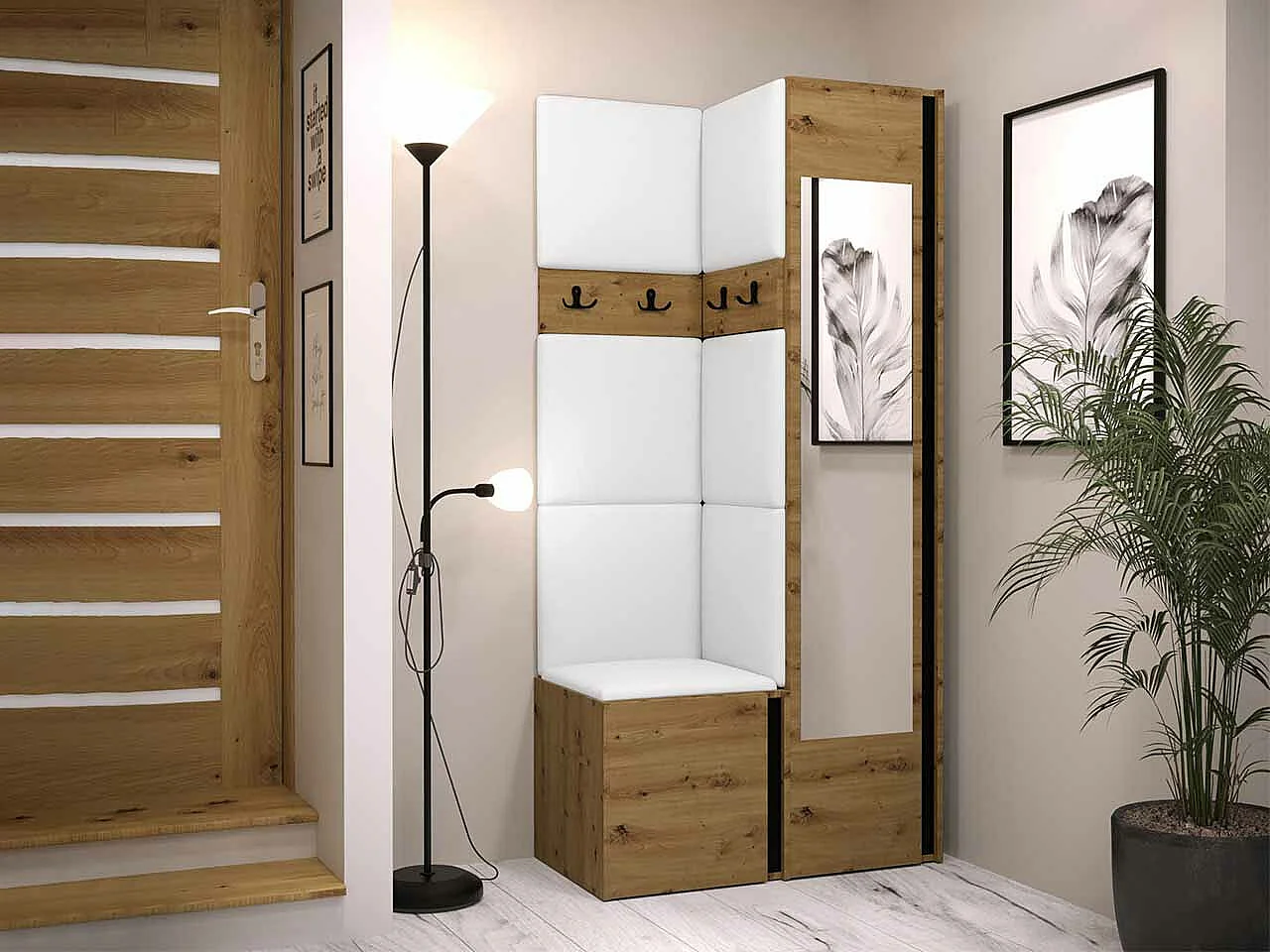 Conjunto pasillo Hartford 354, 186x82x44cm, Espejo, Negro|Roble Artisan