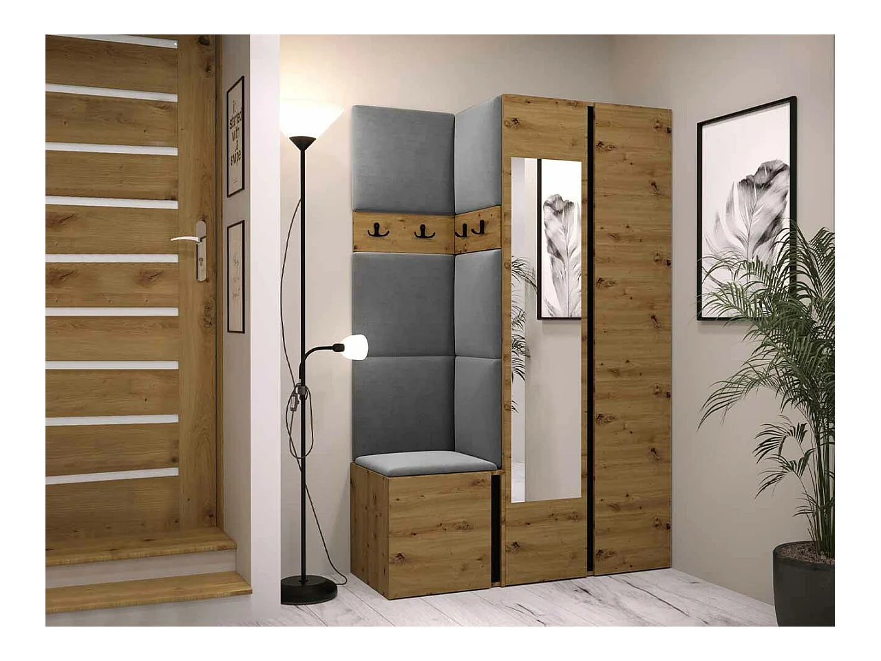 Set mobili da ingresso Hartford 350, 186x116x44cm, Specchio, Rovere Artisan|Nero