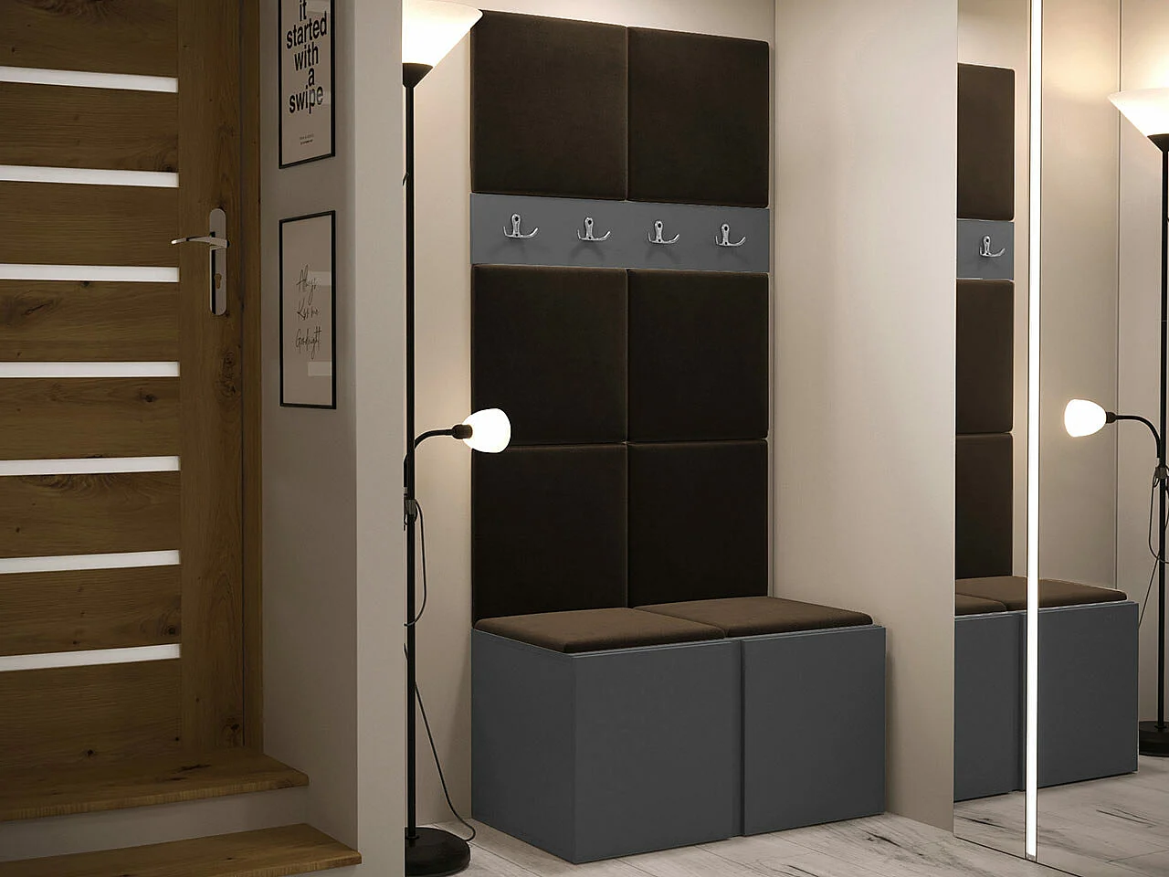 Meuble d'entrée Hartford 267, 186x84x44cm, Graphite|Marron, Tissu|Stratifié