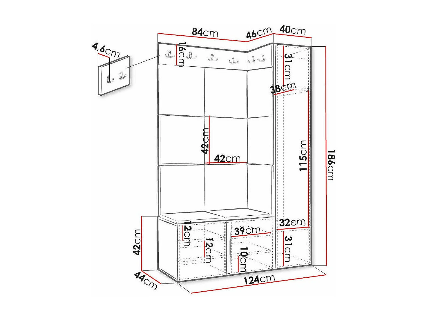 Meuble d'entrée Hartford 385, 186x124x46cm, Blanc|Marron, Tissu|MDF|Stratifié