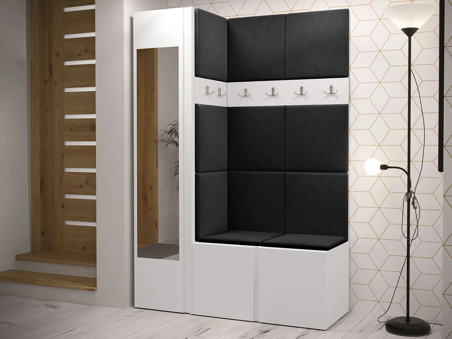 Meuble d'entrée Hartford 277, 186x124x46cm, Disponible, Blanc, Tissu|Stratifié