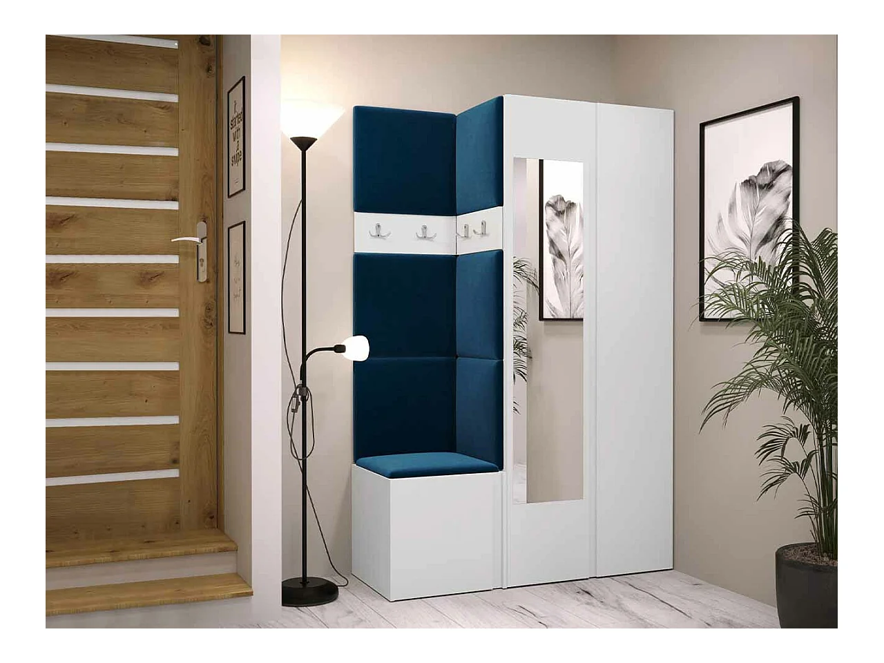 Meuble d'entrée Hartford 350, 186x116x44cm, Miroir, Blanc, Stratifié|Tapisserie