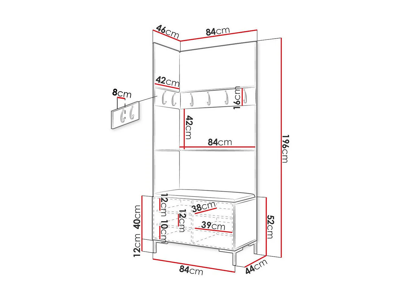 Conjunto pasillo Hartford F103, 196x84x46cm, Blanco, Cuero ecológico|Aglomerado laminado