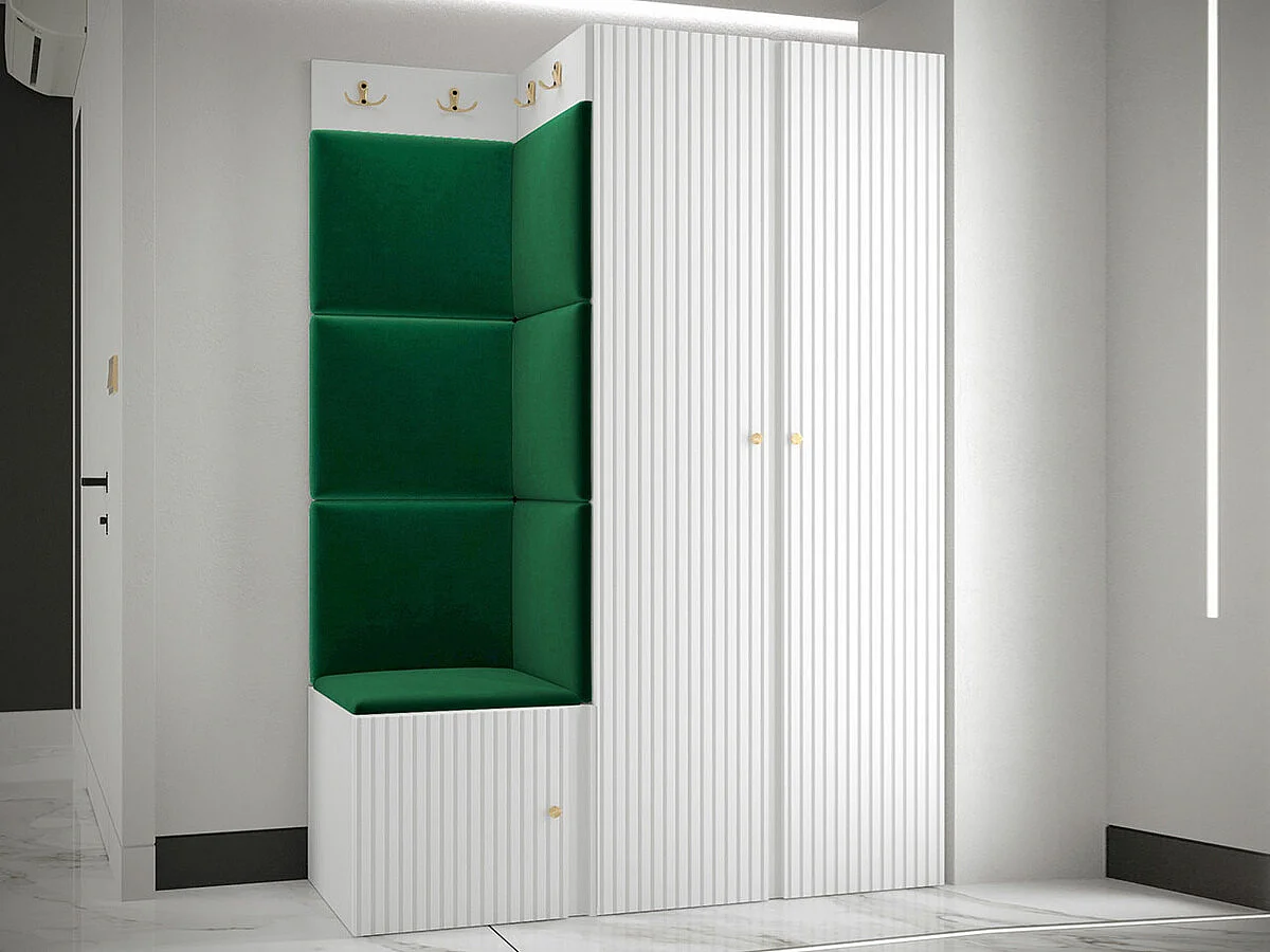 Meuble d'entrée Hartford 387, 186x116x46cm, Blanc|Vert, Tissu|MDF|Stratifié