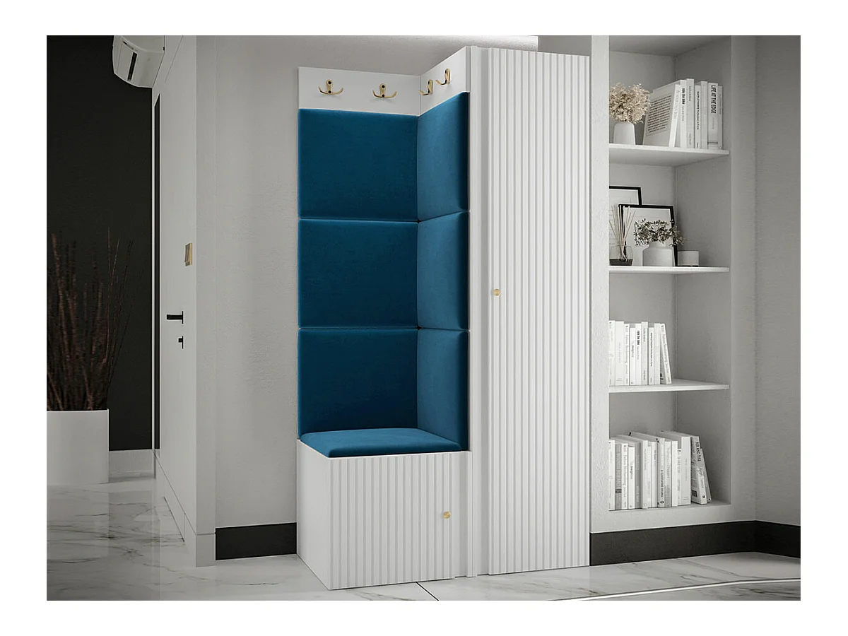Meuble d'entrée Hartford 390, 186x82x46cm, Bleu|Blanc, MDF|Stratifié|Tapisserie