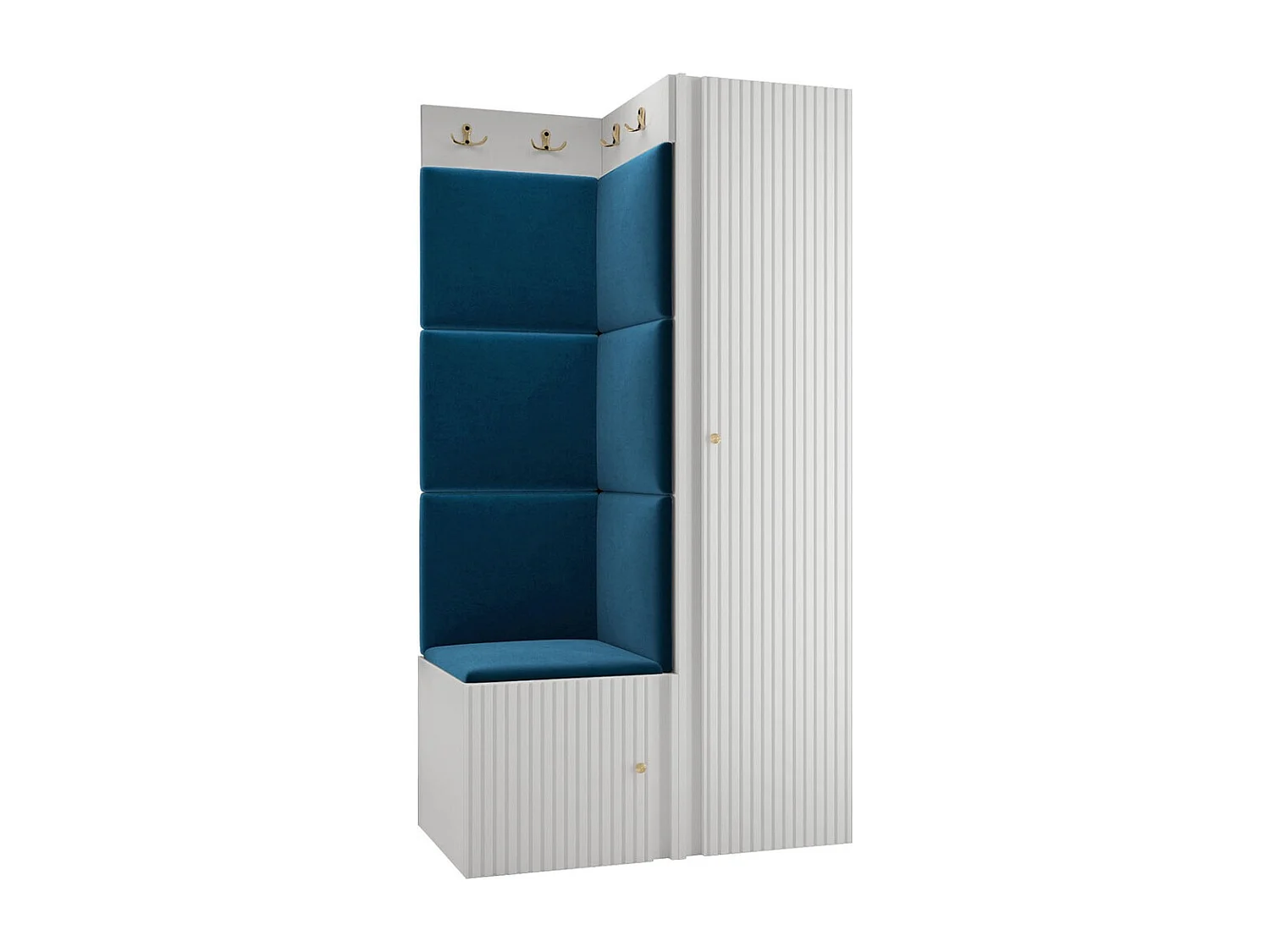 Meuble d'entrée Hartford 390, 186x82x46cm, Blanc|Bleu, Stratifié|Tissu|MDF