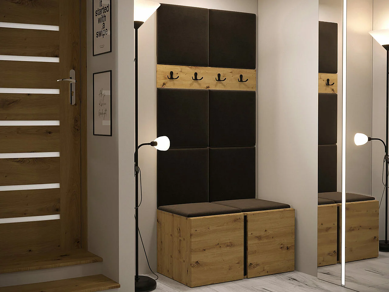 Meuble d'entrée Hartford 267, 186x84x44cm, Chêne Artisan|Marron, Tissu|Stratifié