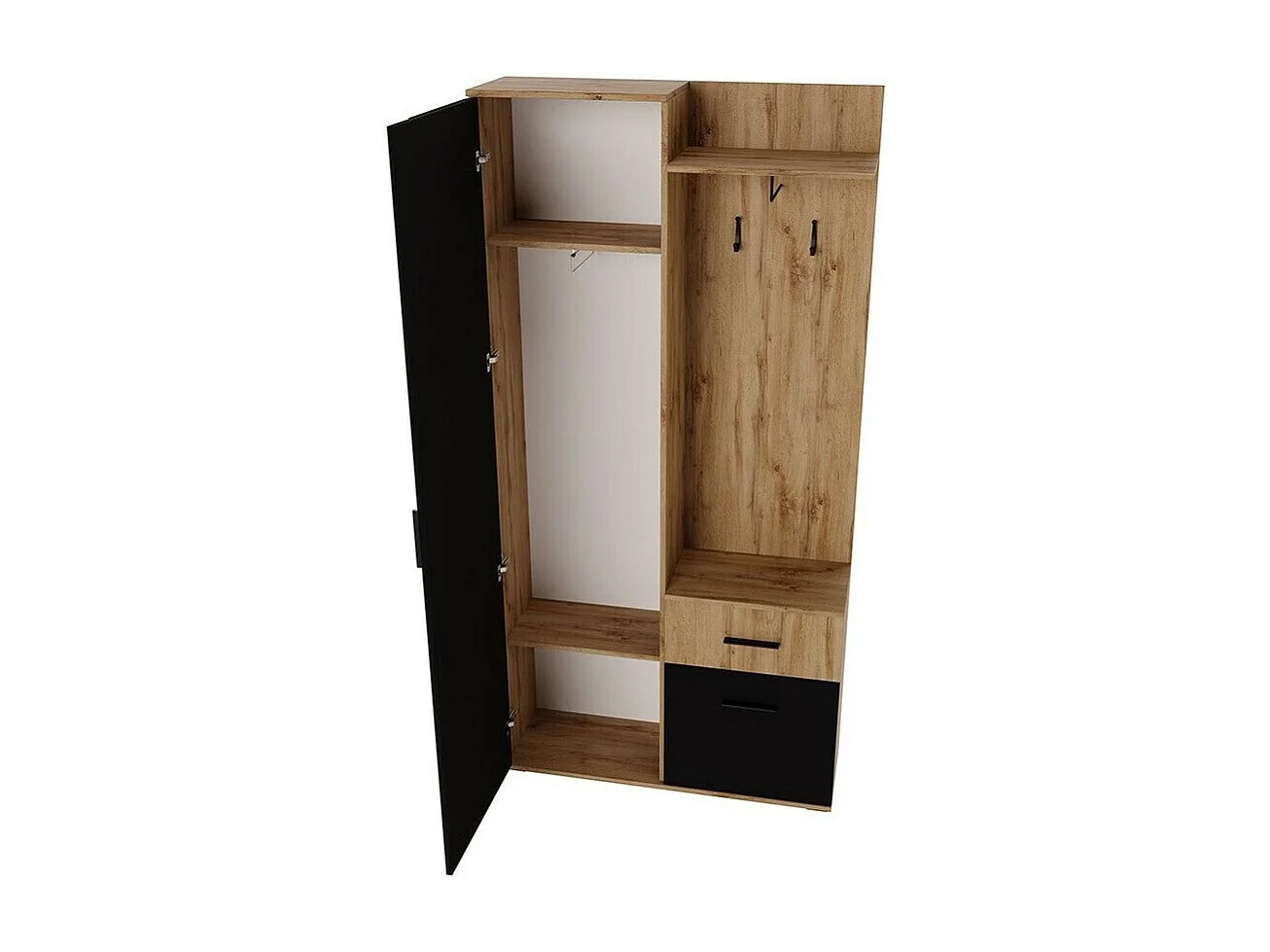 Meuble d'entrée Stanton 141, 195x97x28cm, Noir|Chêne wotan, Stratifié, À poser