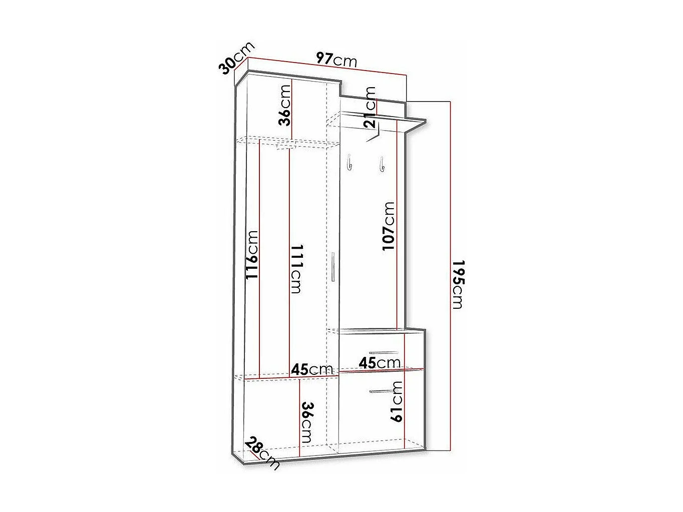 Meuble d'entrée Stanton 141, 195x97x28cm, Noir|Chêne wotan, Stratifié, À poser