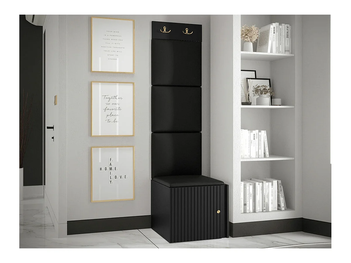 Meuble d'entrée Hartford 386, 186x42x46cm, Noir, Stratifié|Faux cuir|MDF